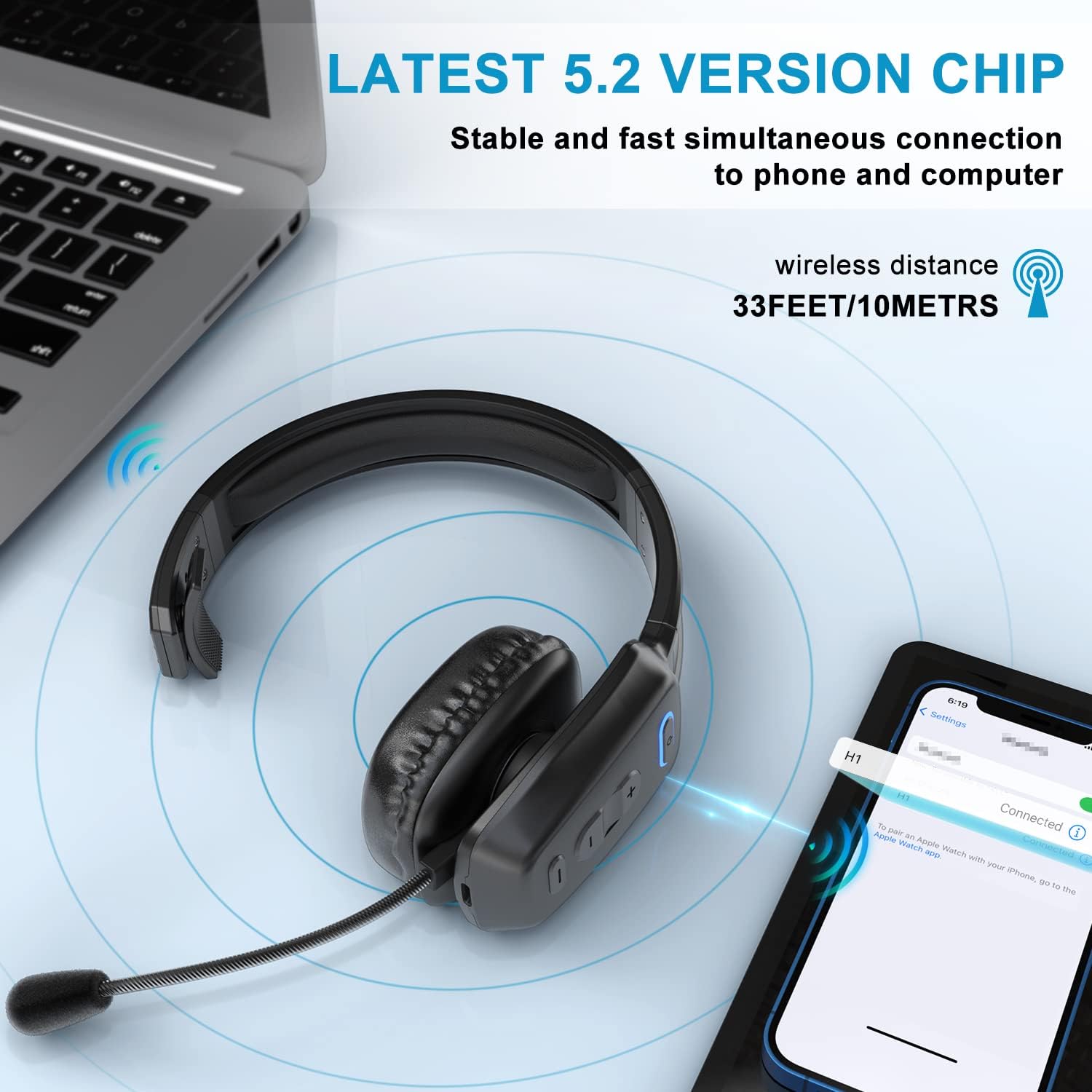 Bluetooth Headset, 60hrs Noise Canceling V5.2 Over Head Headphones, Single Ear Trucker Wireless Headset with Mic, Mute Button