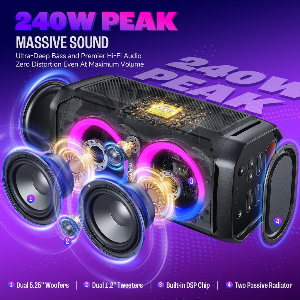 240W Max Large Bluetooth Speaker, Party Bluetooth Speaker Loud, IPX6 Waterproof Portable Speakers Outdoor