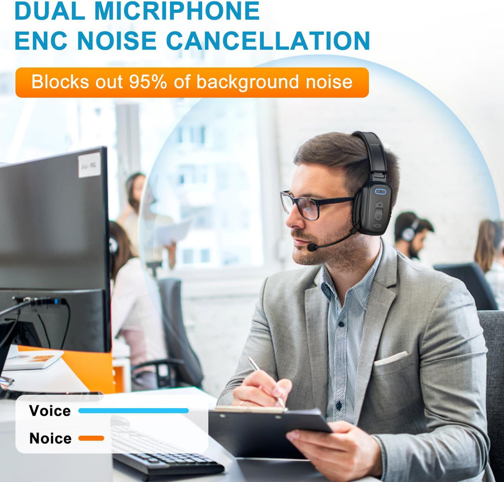 Bluetooth Headset, 60hrs Noise Canceling V5.2 Over Head Headphones, Single Ear Trucker Wireless Headset with Mic, Mute Button