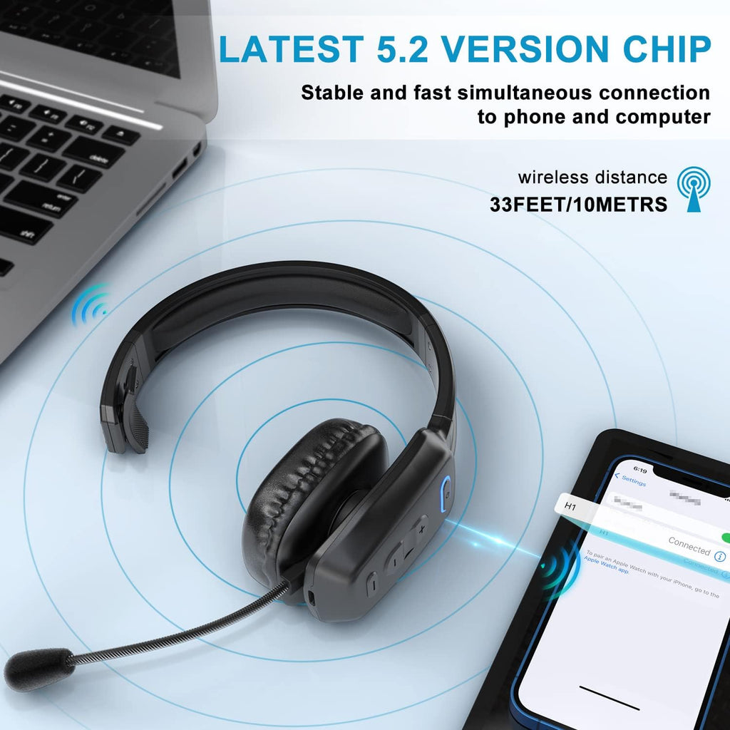 Bluetooth Headset, 60hrs Noise Canceling V5.2 Over Head Headphones, Single Ear Trucker Wireless Headset with Mic, Mute Button